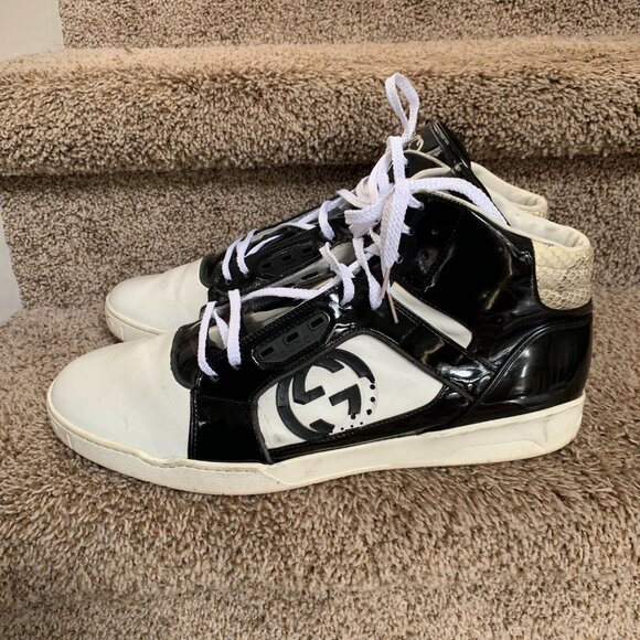 Gucci Men's Black And White Leather Lace-Up Sneaker Shoes. - Picture 1 of 15